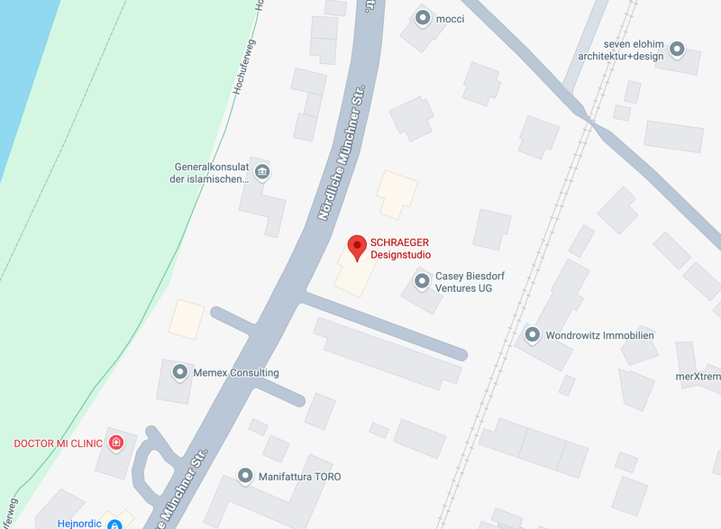 Karte mit dem Standort des Schraeger Designstudios an der Nördlichen Münchner Straße in Grünwald