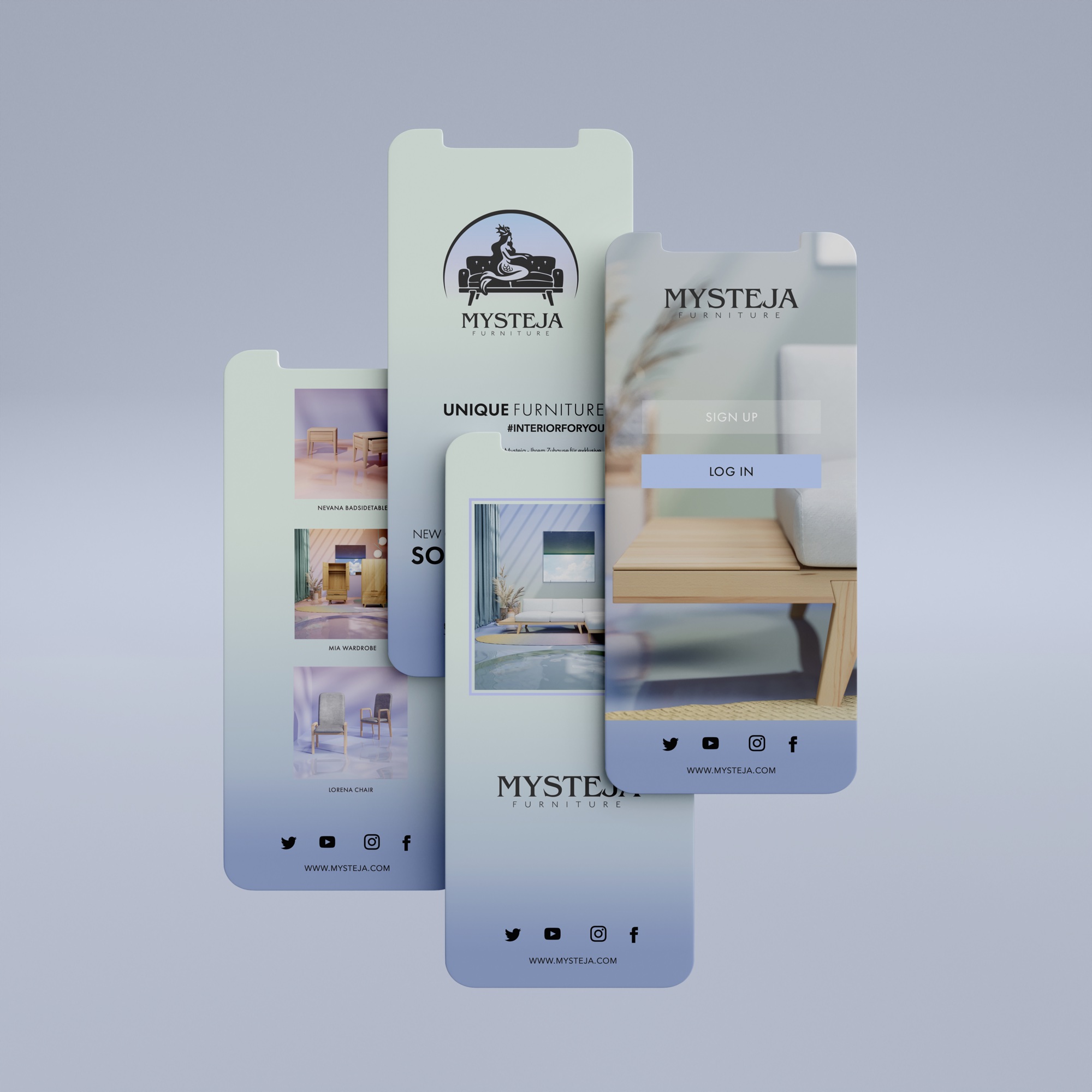 Mysteja Mobile App auf mehreren Smartphone-Ansichten