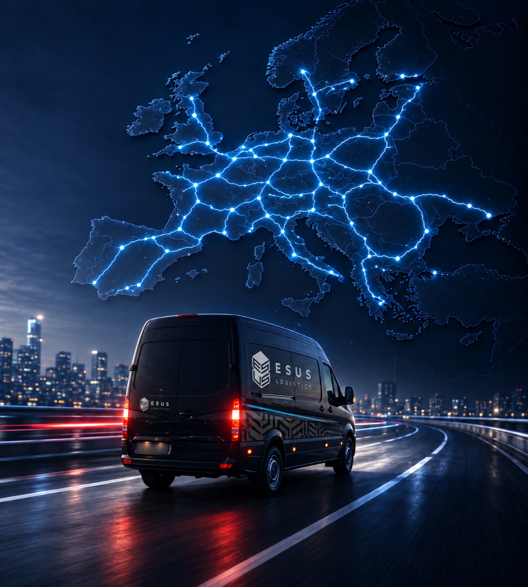Esus-Transporter mit dezenten Logos vor einer leuchtenden Europakarte – Overnight-Express-Visualisierung