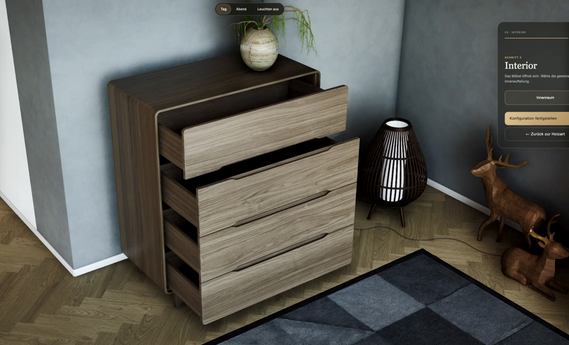Interaktiver Möbelkonfigurator – Holzkommode mit geöffneten Schubladen