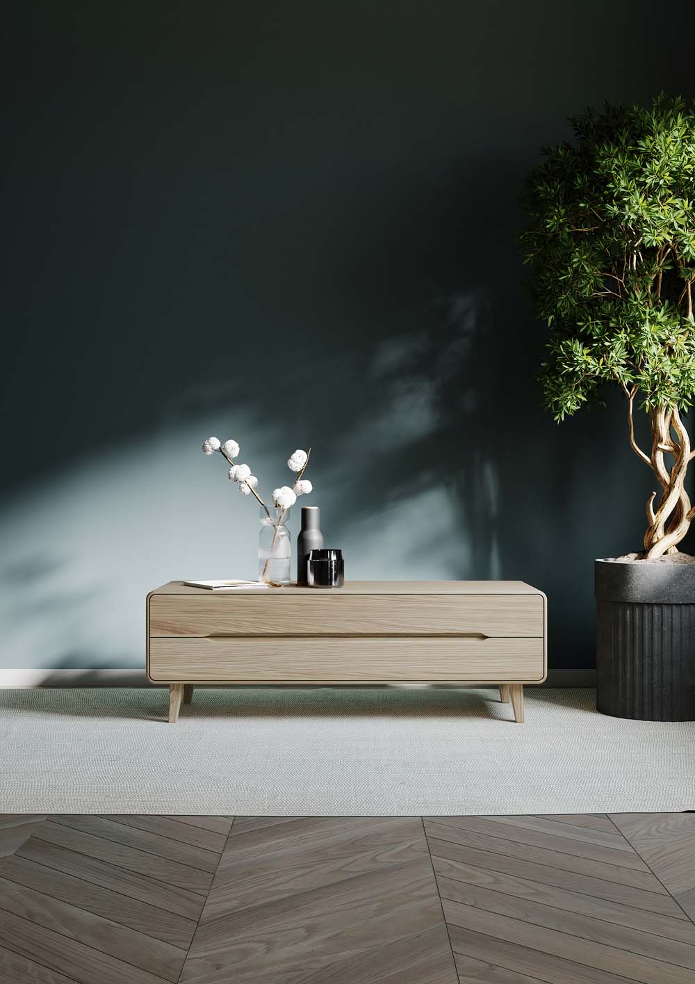 Linea-D Imola Lowboard in Oak mit warmem Holz und heller Raumszene