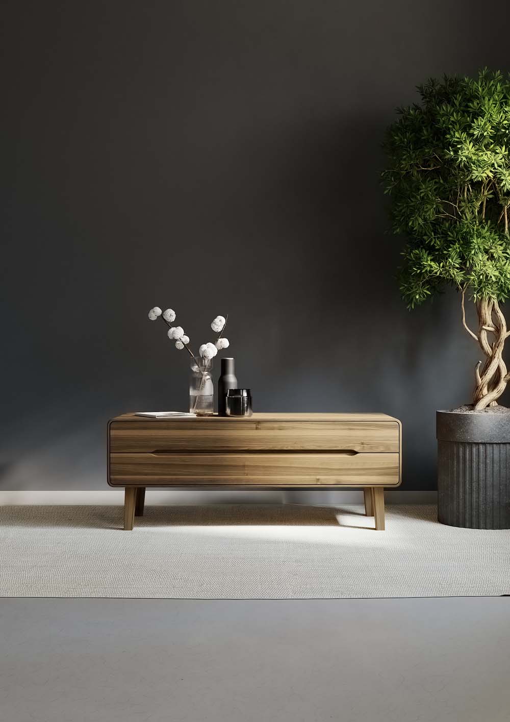 Linea-D Imola Lowboard in Walnut mit dunkler Holzoberfläche und Raumszene