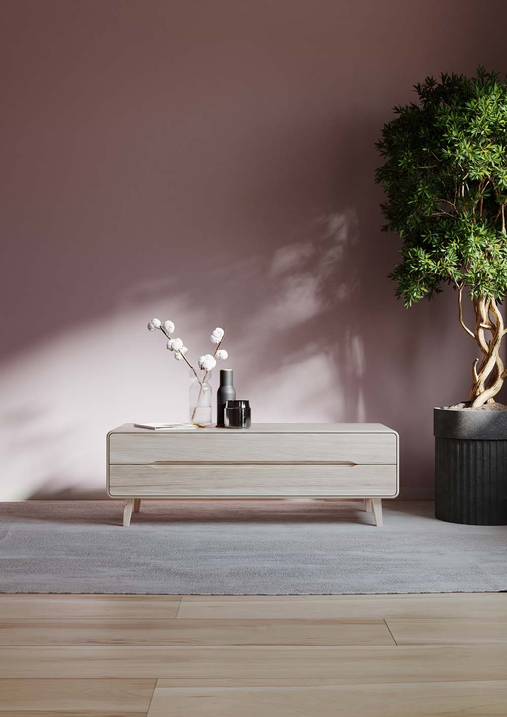 Linea-D Imola Lowboard in White Oak mit heller Eiche und ruhiger Raumszene